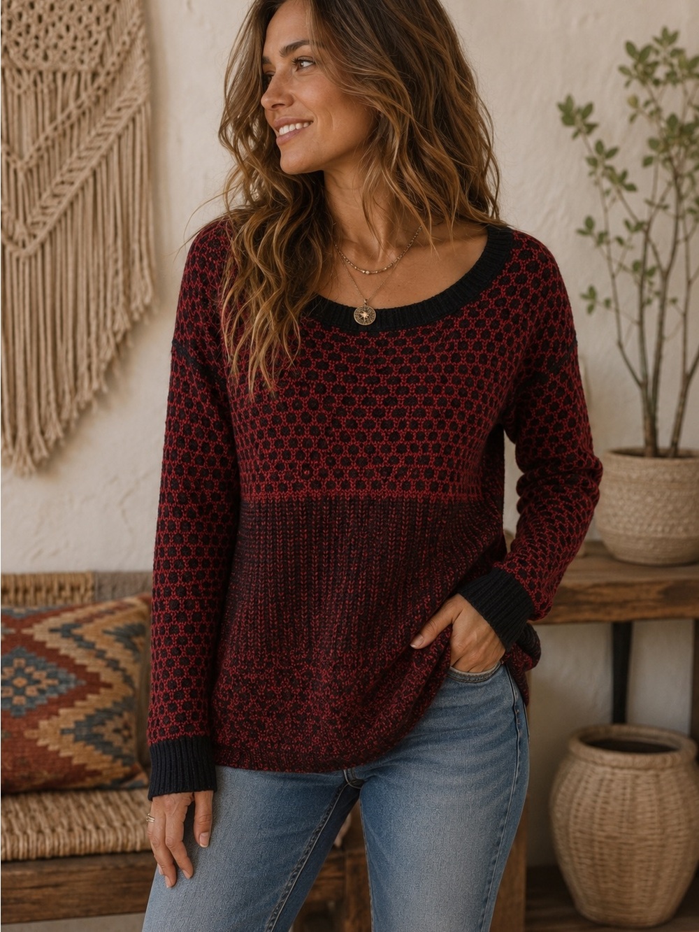 American Eagle Sweater Womens XS Red Black Knit Pullover Vintage Boyfriend
